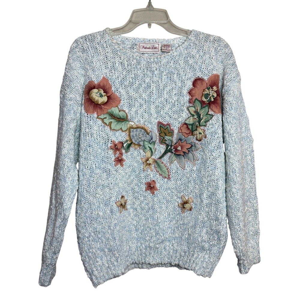Vintage‎ Penbrooke Lane Floral Granny Pearl Cottage Beaded Knit Sweater Large L